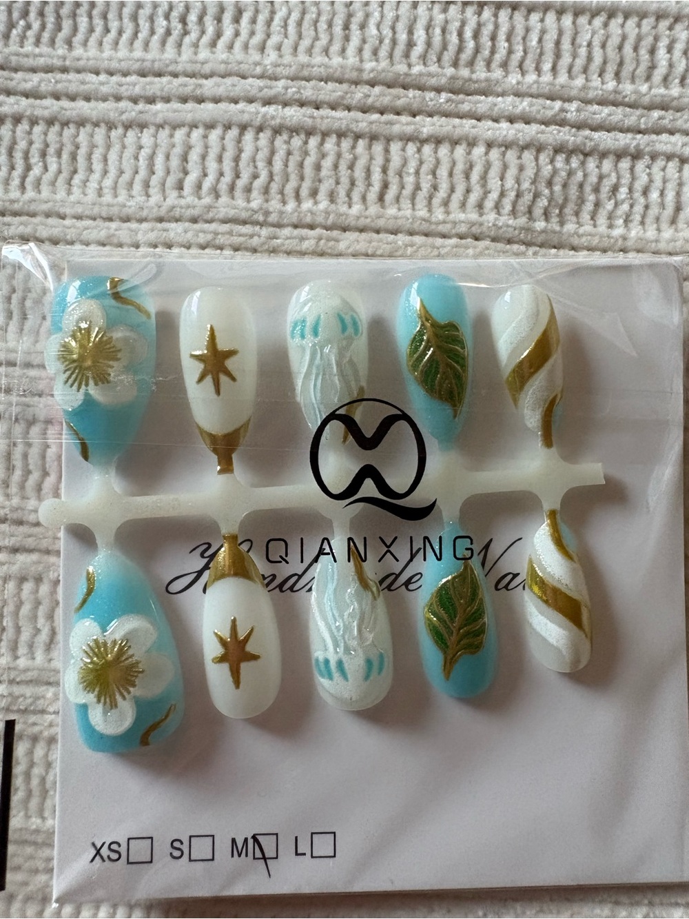 Blue & White Press-On Nail Set with Gold Accents Size Medium